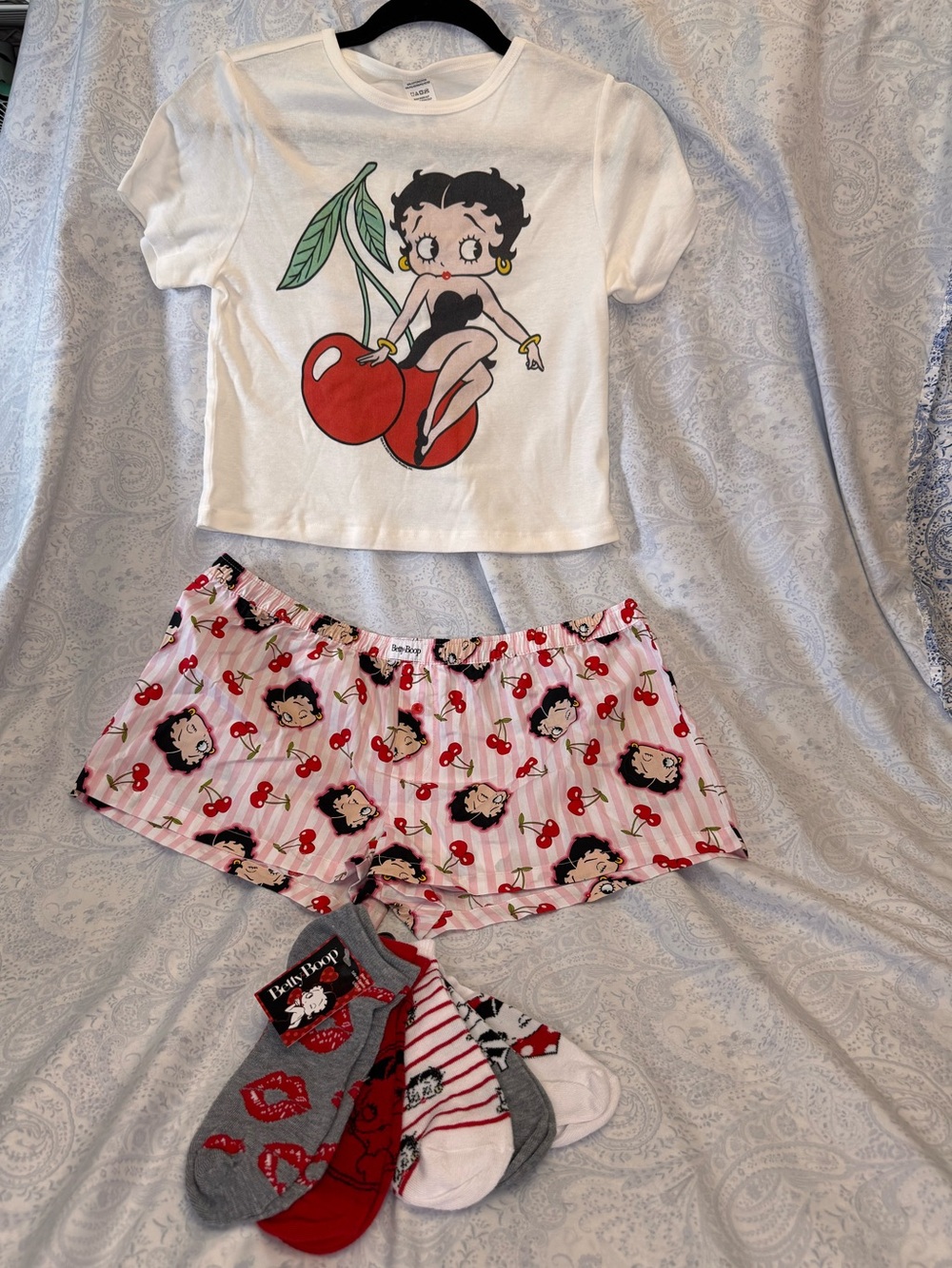 Betty Boop Cherries Junior Baby Tee, Boxer Lounge Shorts & 5 Pair Socks